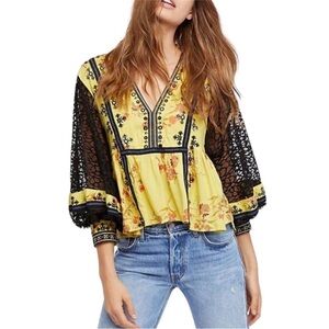 Free People, black and Yellow, cropped shirt, lace sleeves, boho. M